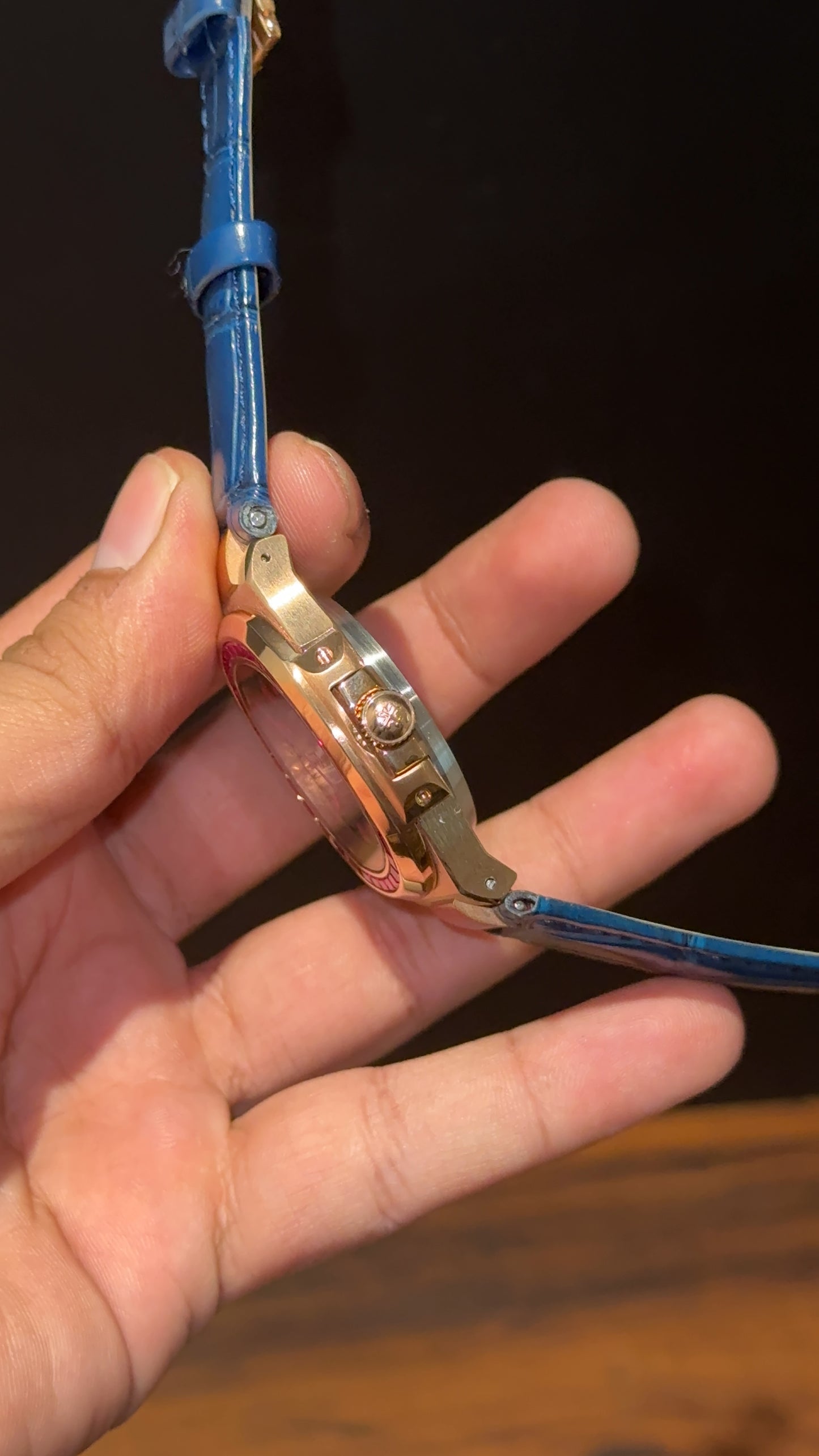 Pp Rose | Auto | Pink Diamond Bezel | Blue Leather Strap | Blue Dial | Pink Digits