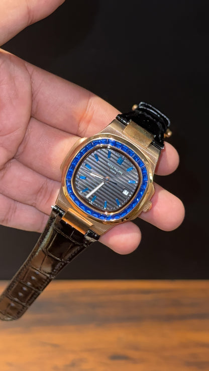 Pp Rose | Auto | Blue Diamond Bezel | Black Leather Strap | Black Dial | Blue Digits