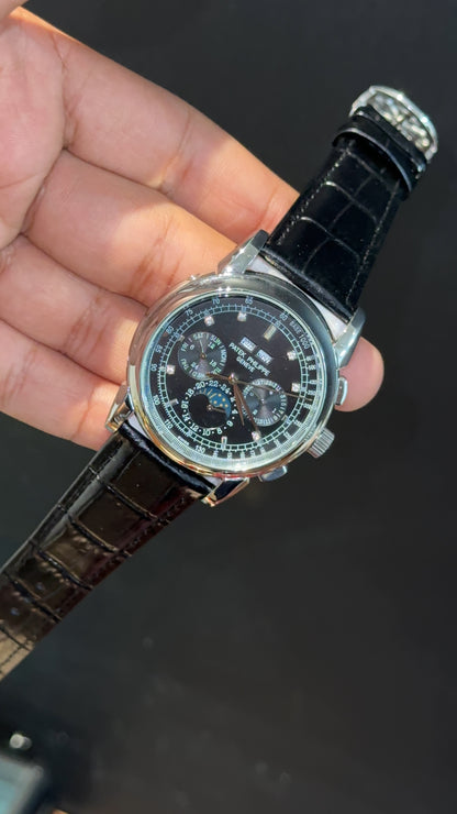 Patek Century | Auto | Silver Case | Black Diamond Dial | Black Leather Strap - twentyfour