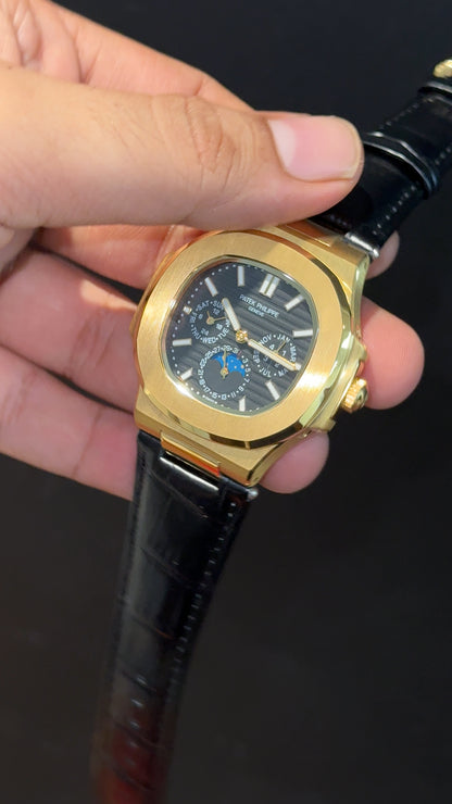 Pp Auto | Moonphase | Chrono | Gold Case | Black Leather Strap | Black Dial