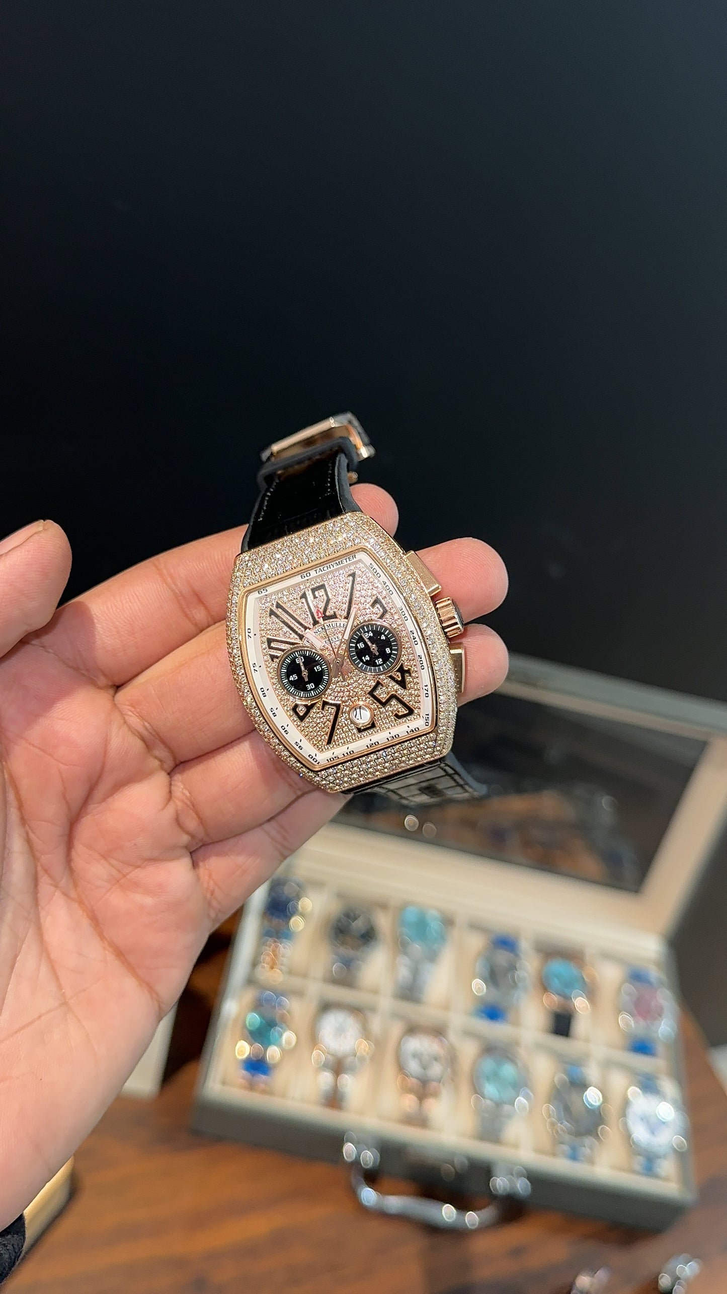 Premium Franck Muller | Vanguard Chronograph Edition | Rose Diamond Case | Black Leather Strap | Rose Pearl Dial