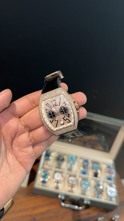 Premium Franck Muller | Vanguard Chronograph Edition | Rose Diamond Case | Black Leather Strap | Rose Pearl Dial