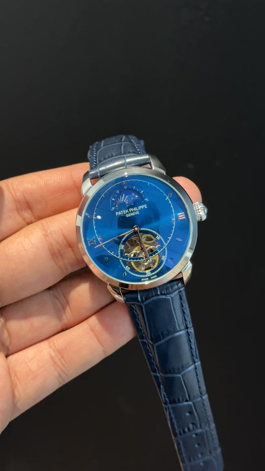 PP Auto | Silver | Pendulum | Moonphase | Blue Leather Strap | Blue Circle Plain Dial