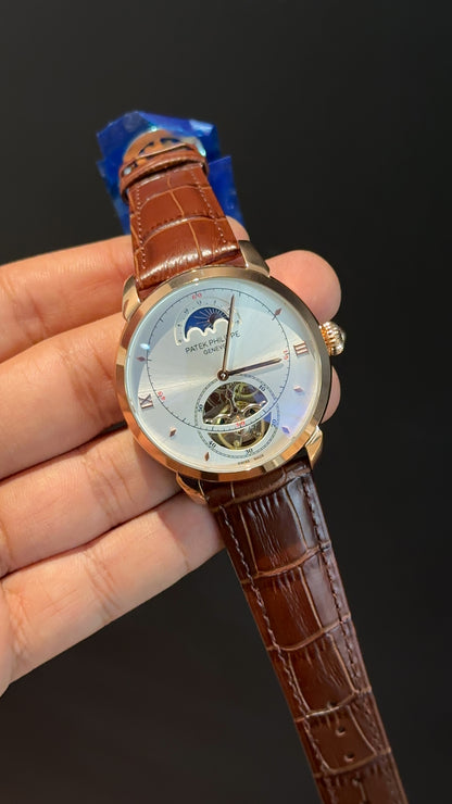 PP Auto | Rose | Pendulum | MoonPhase | Brown Leather Strap | White Circle Plain  Dial