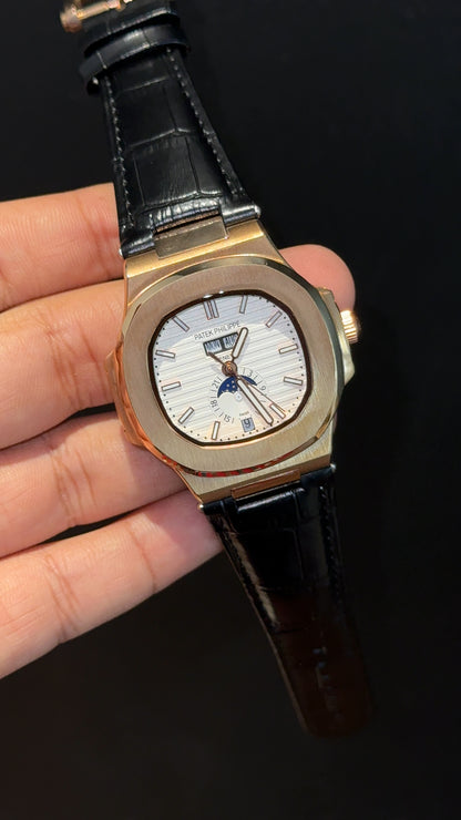 Pp Auto | Moonphase | Yearly Edition | Rose Case | Black Leather Strap | White Dial