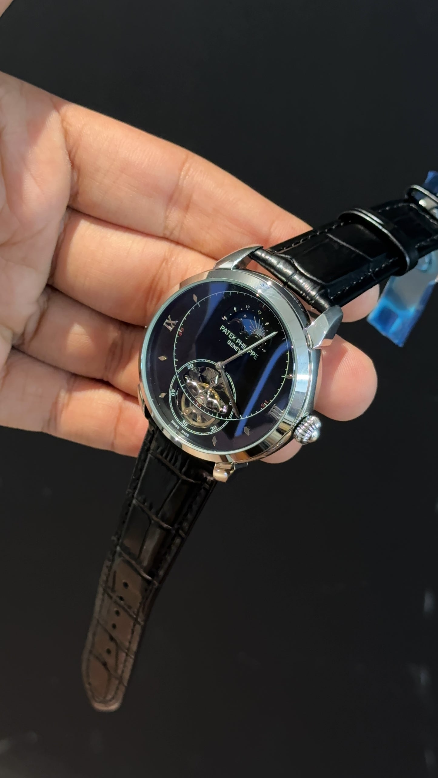 PP Auto | Silver | Pendulum | Moonphase | Black Leather Strap | Black Circle Plain Dial