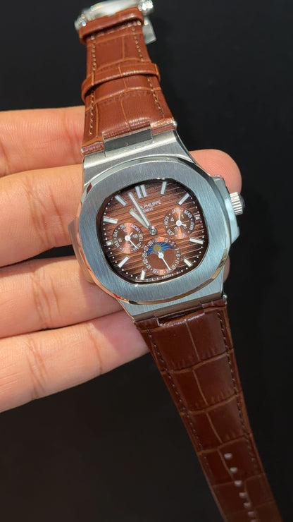 Pp Auto | Moonphase | Chrono | Silver Case | Brown Leather Strap | Choco Brown Dial