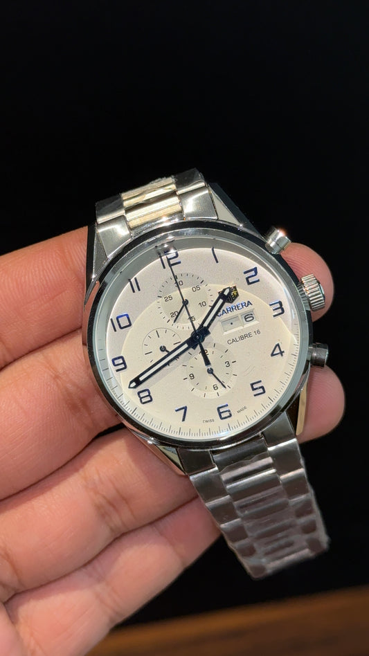 Tag Carrera | Calibre 16 | Silver Chain | Chrono | Blue Digits | White Dial