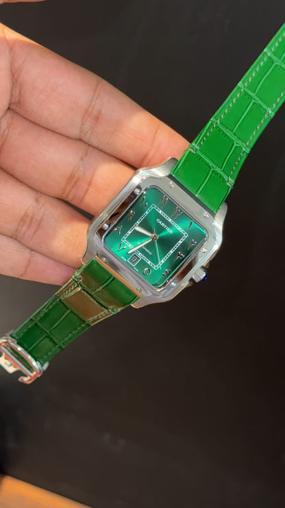 Cartier Santos | Silver Case | Green Strap | Lightish Green Arabic Dial - twentyfour