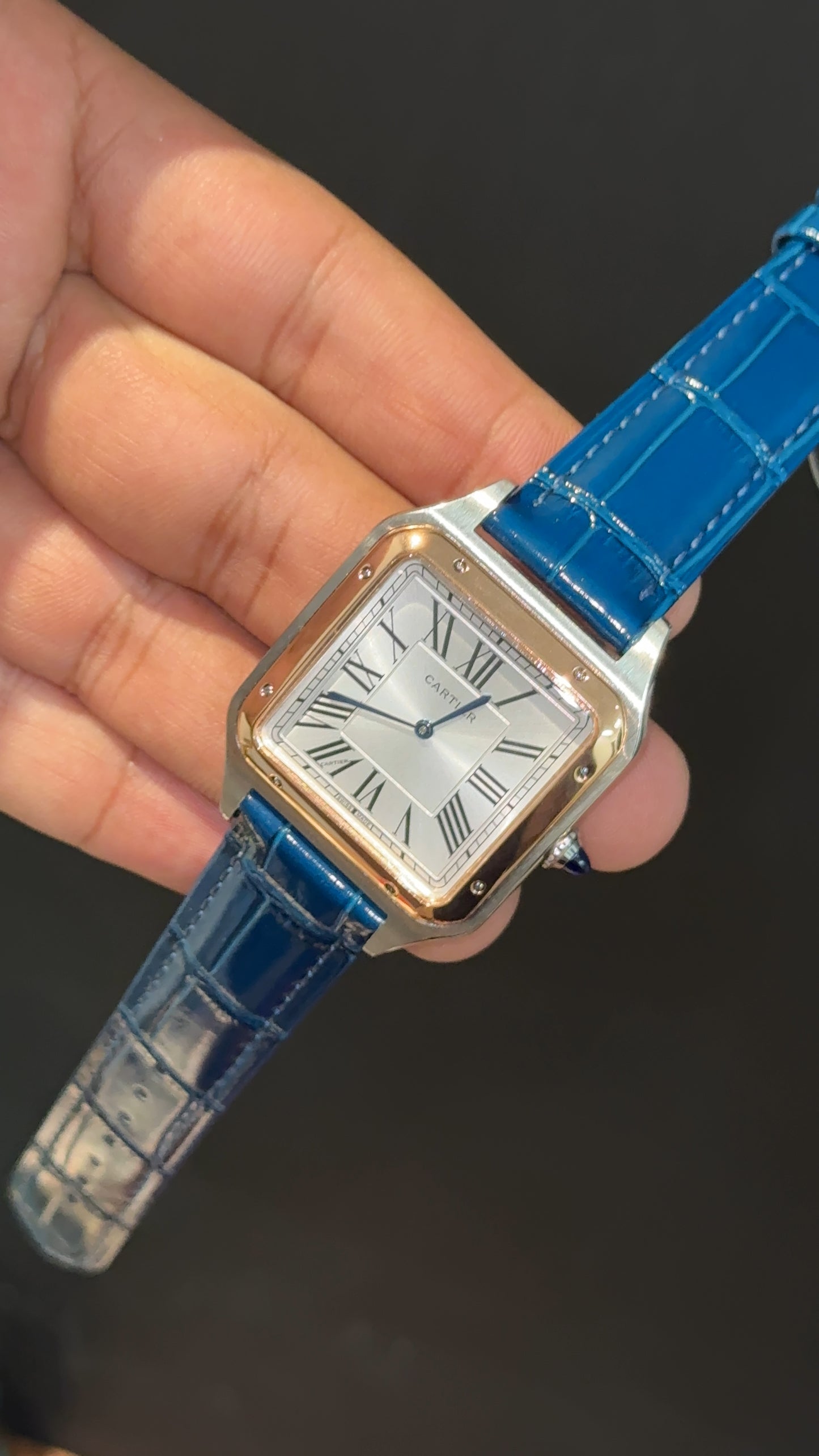Cartier Santos | Rose Two Tone Case | Blue Dumont Strap | White Dial