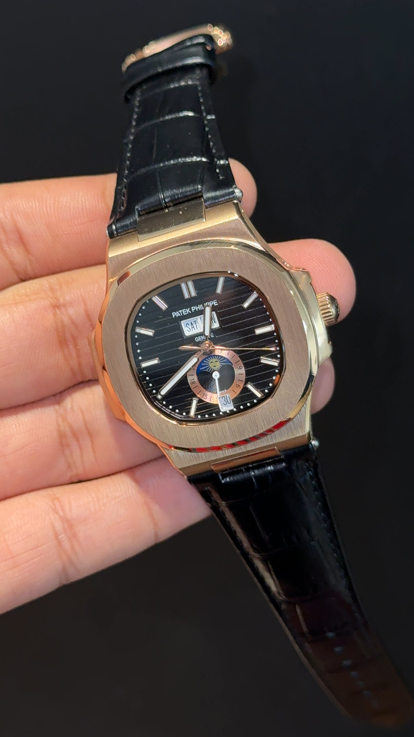 Pp Auto | Moonphase | Yearly Edition | Rose Case | Black Leather Strap | Black Dial