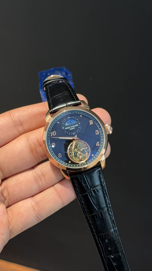 PP Auto | Rose | Pendulum | Moonphase | Black Leather Strap  | Black Textured Dial