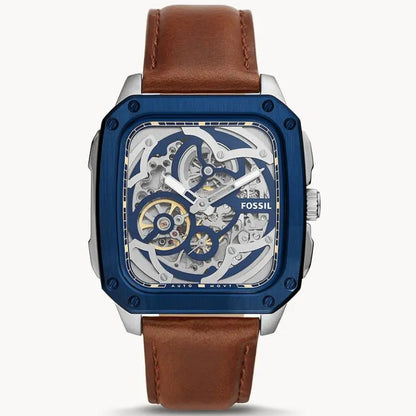 Fossil Men’s Automatic Brown Leather Strap Blue Skeleton Dial 42mm BQ2571 - twentyfour
