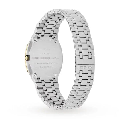 Gucci Women’s Swiss Made Quartz Silver Stainless Steel Gold Dial 30mm Watch YA163502