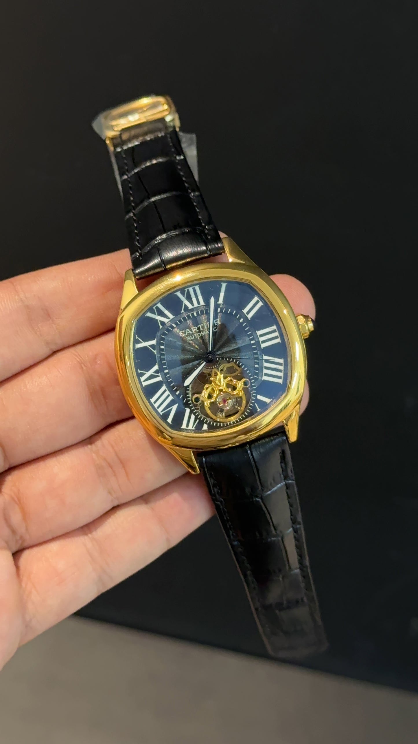 Cartier | Gold Square Bezel | Pendulum | Black Strap | Black Index Dial
