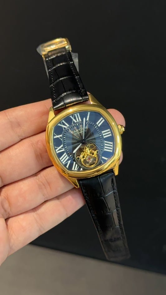 Cartier | Gold Square Bezel | Pendulum | Black Strap | Black Index Dial