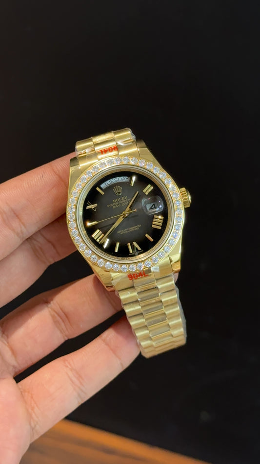 Daydate | Diamond Bezel | Gold Chain | Smokey Black Dial