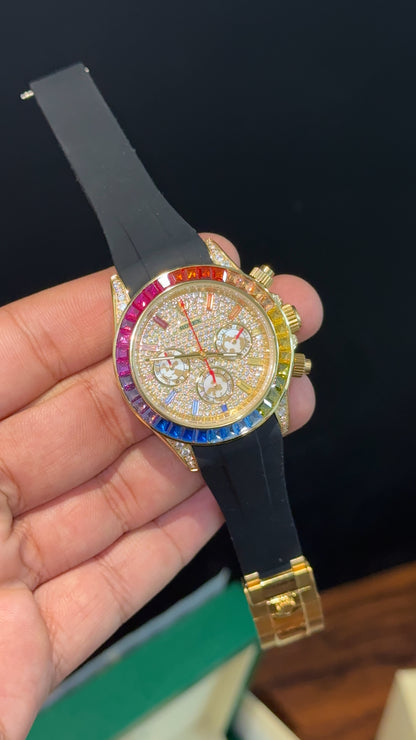Daytona Gold | Rainbow Diamond Case | Black Pvc Strap | Rainbow Digit | Chrono | Gold Pearl Dial