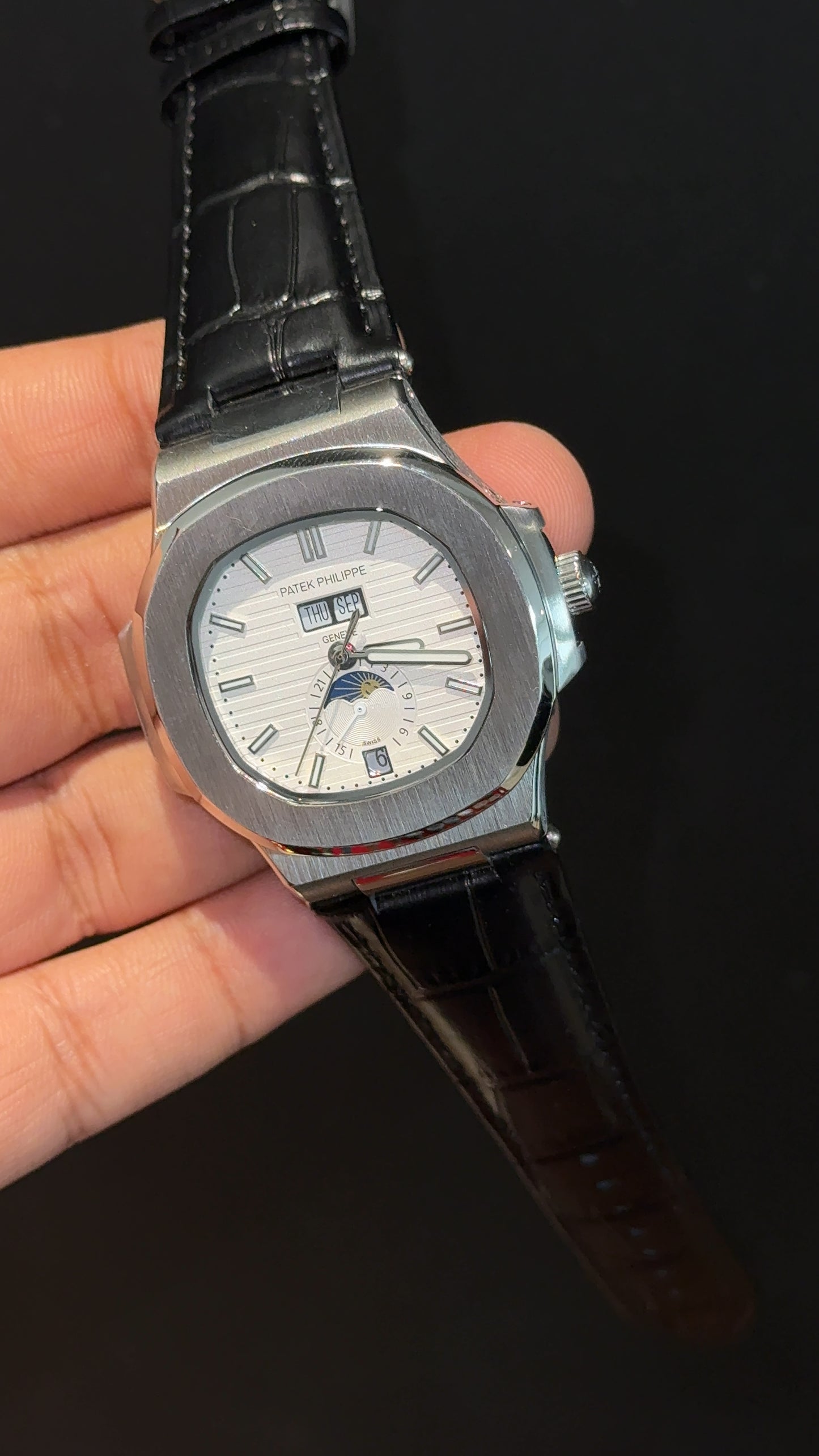 Pp Auto | Moonphase | Yearly Edition | Silver Case | Black Leather Strap | White Dial
