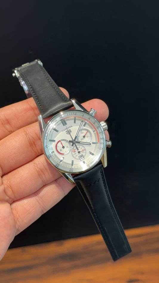 Tag Carrera | Black Strap | Silver Bezel | Red Chrono Niddles | White Dial