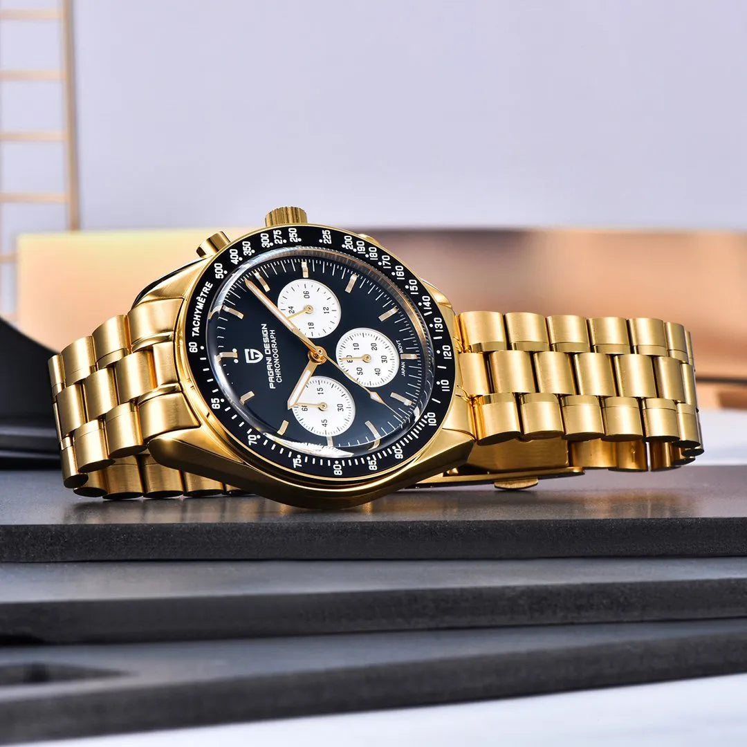 Pagani Design PD-1701 | Speedmaster Gold Chain | White Chrono | Black Dial