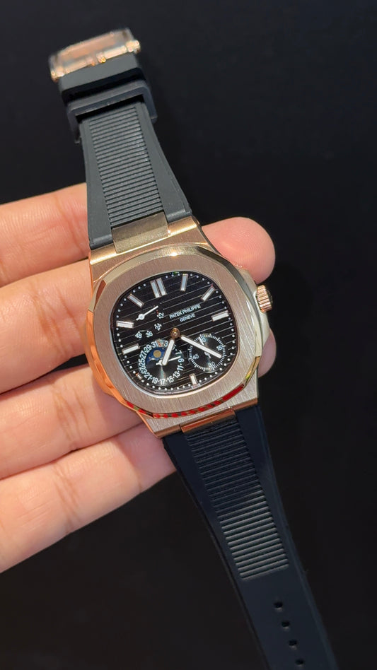 Pp Auto | Rose Case | Black Rubber Strap | Moonphase | Sub Black Dial