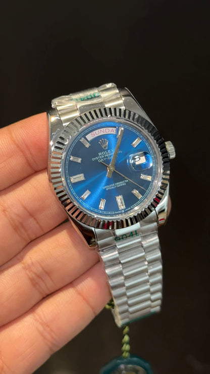 DayDate | Silver Chain | Pearl Digit | Blue Plain Dial