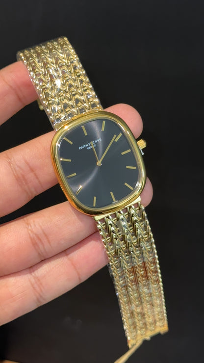 Pp Ellipse | Gold Mesh Chain | Black Ebony Dial