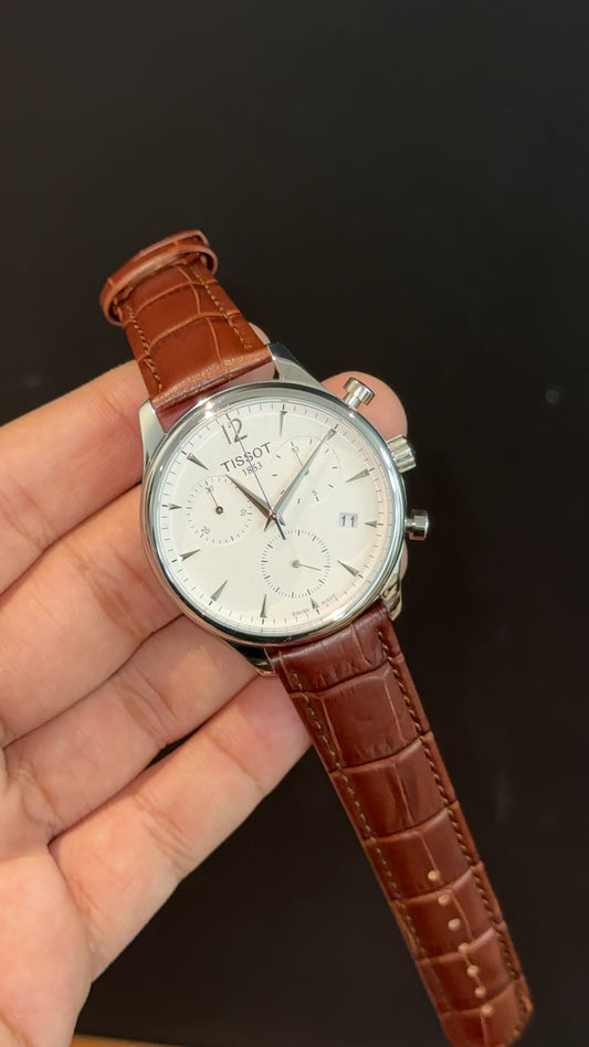 Tissot Silver | Chrono | Brown Leather Strap | White Dial