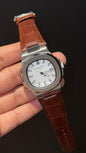 Pp Auto | Silver | White Dial | Brown Leather Strap