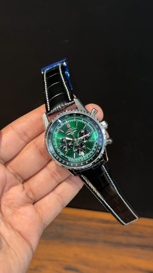 Brietling | Black Leather Strap | Black Chrono | Greensih Dial