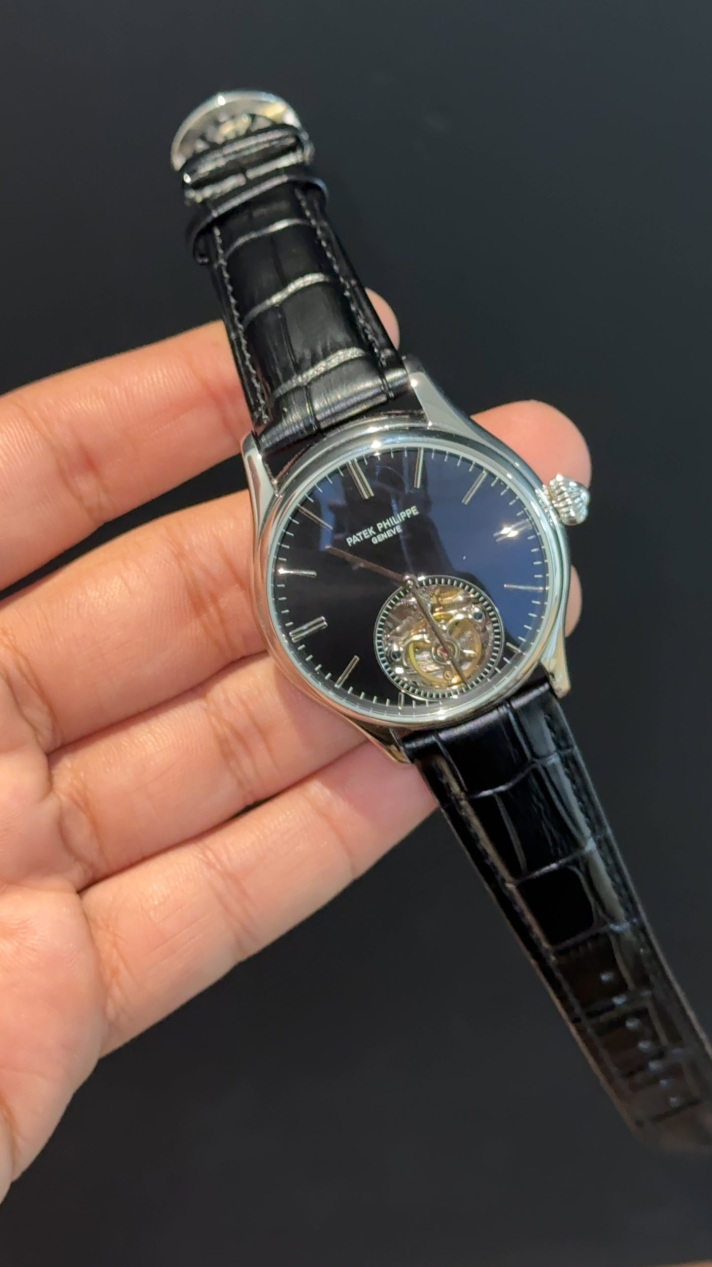 Patek Auto | Silver | Black Leather Strap | Pendulum | Black Dial