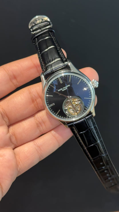 Patek Auto | Silver | Black Leather Strap | Pendulum | Black Dial