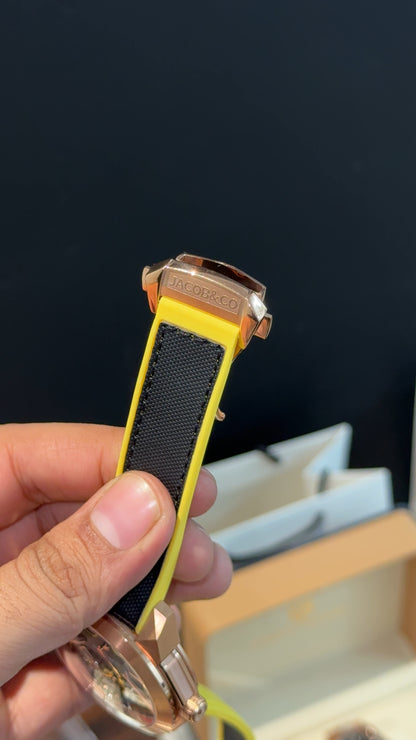 Executive Jacob and Co | Rose Bezel | Double Tourbillon | Black Strap With Yellow Accent | Gotham City Batman | Black Dial