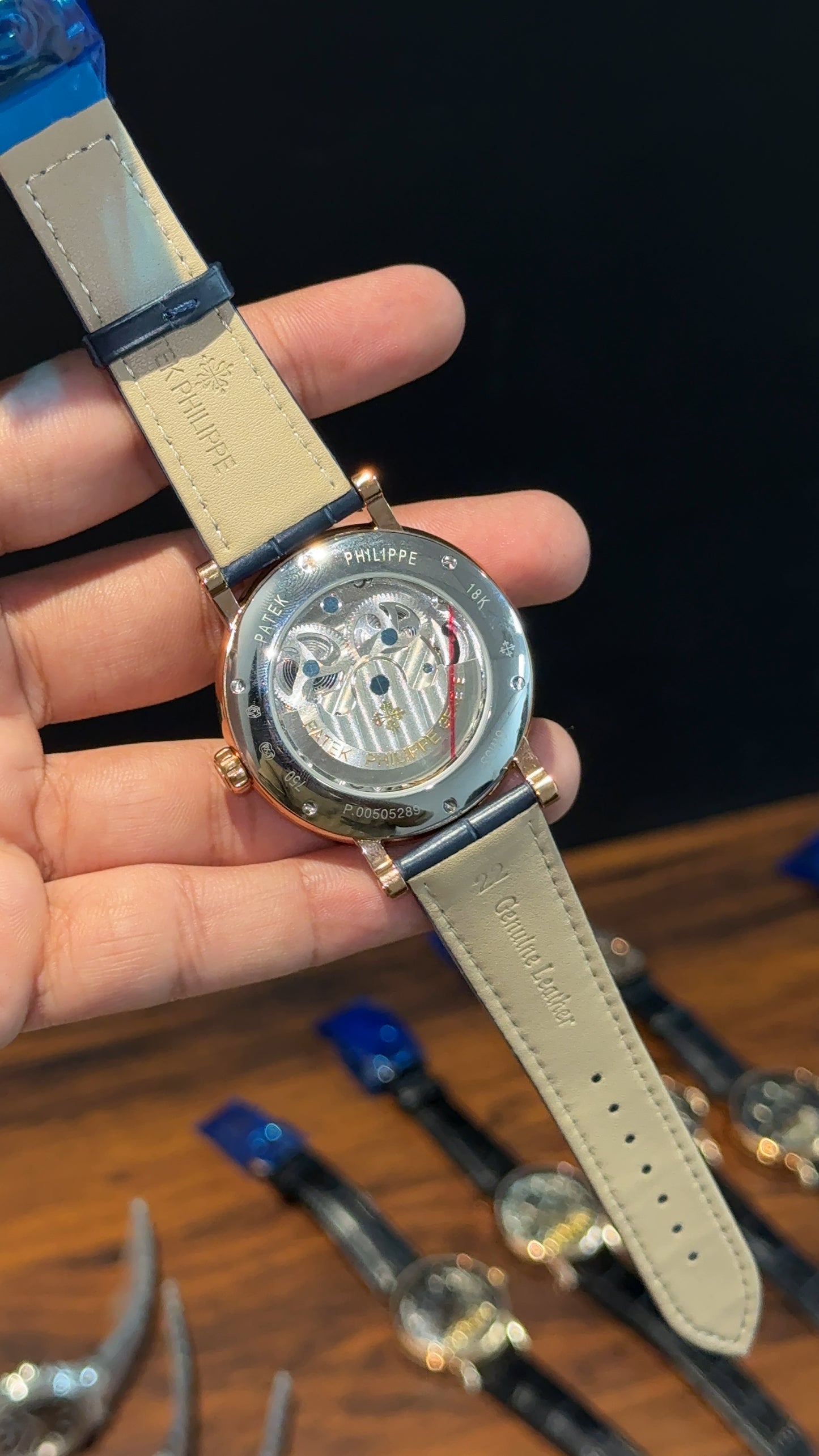 Patek Rose | Moonphase | Pendulum | Second Timer| Blue Leather Strap | Grey Machine | Blue Dial