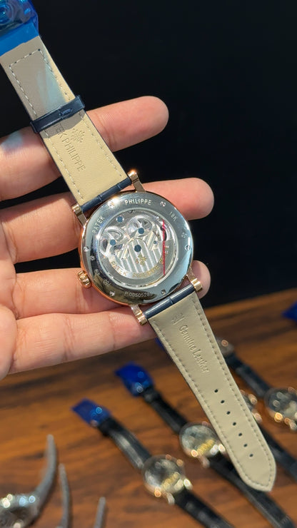 Patek Rose | Moonphase | Pendulum | Second Timer| Blue Leather Strap | Grey Machine | Blue Dial