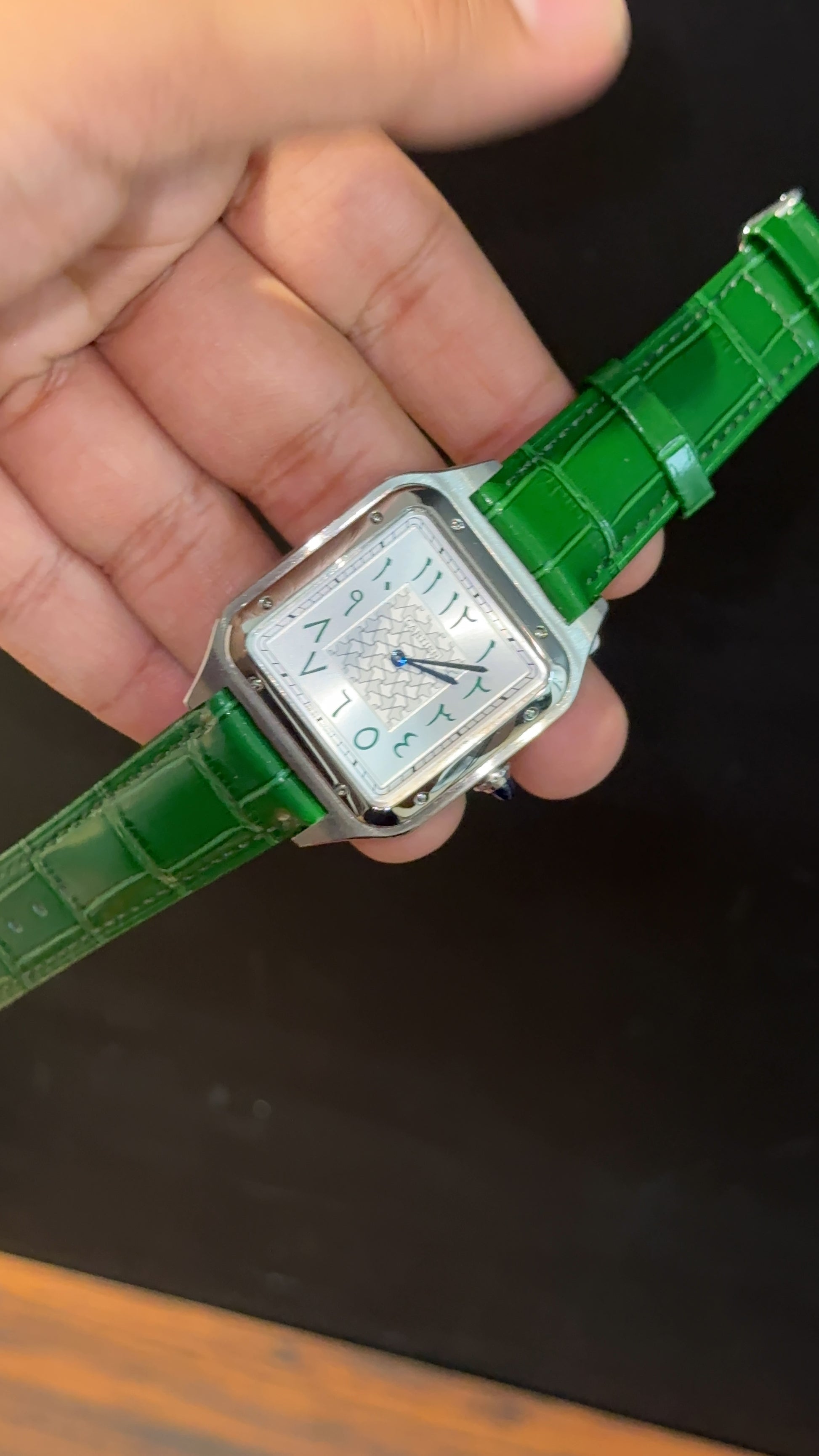 Cartier Dumont Lacquer | Silver Case | Green Leather Strap | White Arabic Dial - twentyfour