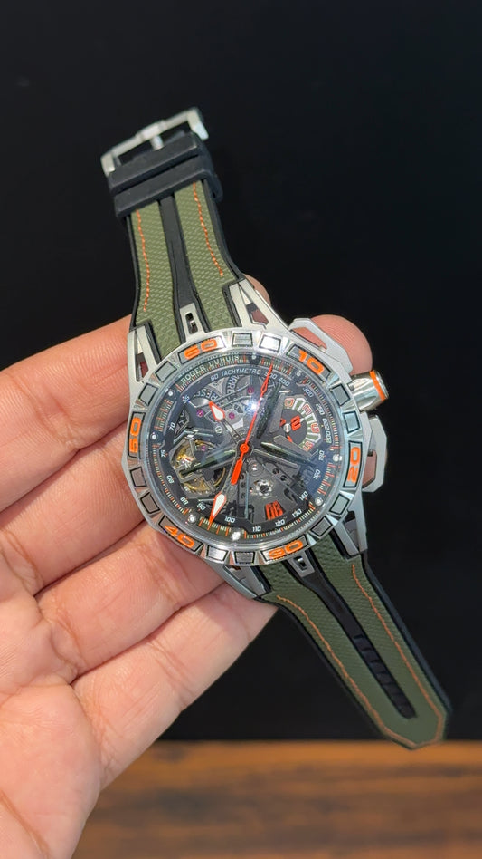 Premium Roger Dubuis | Silver | Excalibur Spider | Green Black Strap | Pendulum | Y Shaped Dial