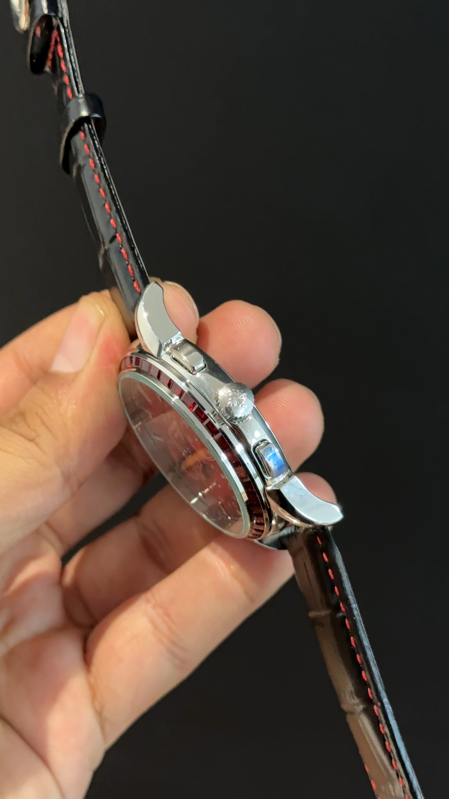 Patek Century | Auto | Silver | Red Diamond Bezel | Black Leather Strap | Red Index Dial