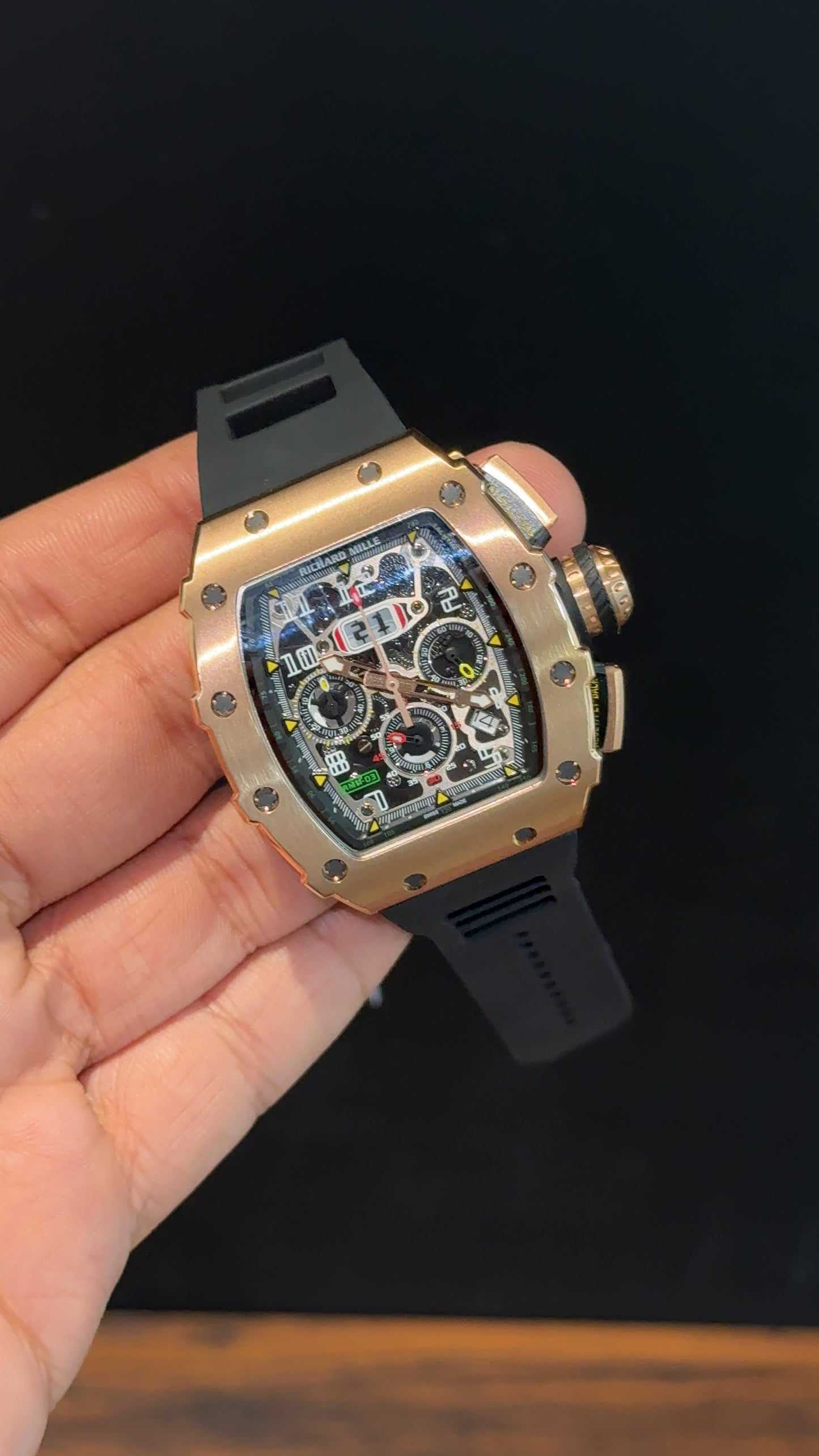 Premium Richard Mille | Rose | RM 11-03 Edition | Black Strap | Skeleton | Chrono | Black Dial