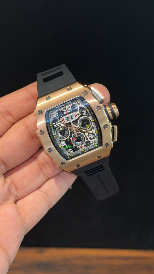 Premium Richard Mille | Rose | RM 11-03 Edition | Black Strap | Skeleton | Chrono | Black Dial
