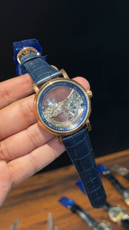 Patek Rose | Blue Leather Strap | Grey Machine | Transparent Dial