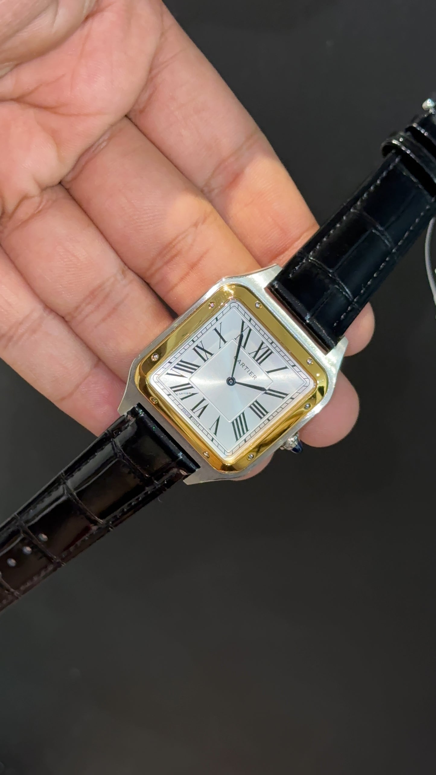 Cartier Santos | Gold Two Tone Case | Black Dumont Strap | White Dial