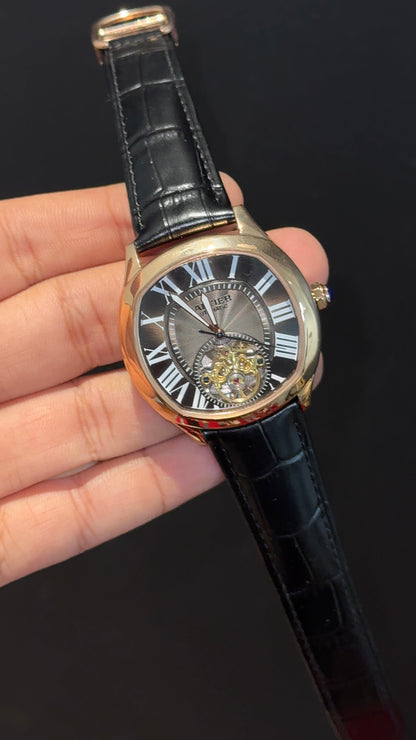 Cartier | Rose Case | Black Leather Strap | Skeleton | Rose Shaady Bkack Dial