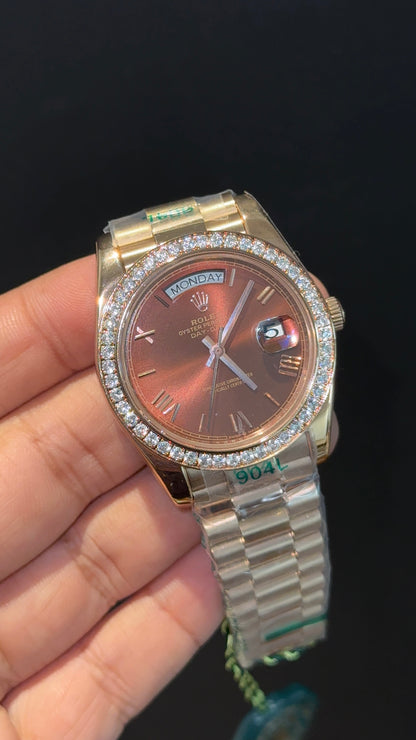 DayDate | Diamond Bezel | Rose Chain | Brown Index Dial