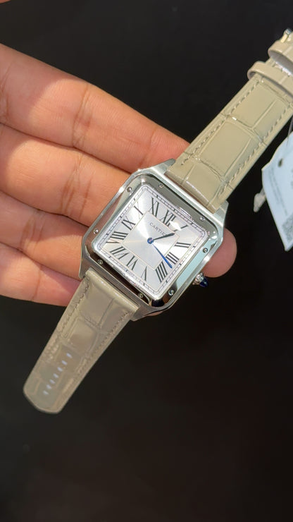 Cartier Santos | Silver Case | Light Grey Dumont Strap | White Dial