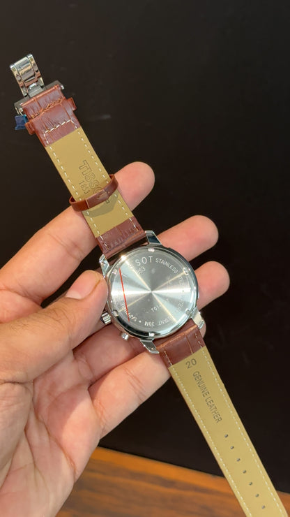 Tissot | Silver Bezel | Chrono | Brown Leather Strap | White Dial