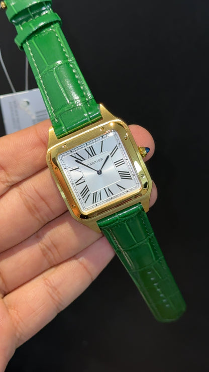Cartier Santos | Gold Case | Green Dumont Strap | White Dial