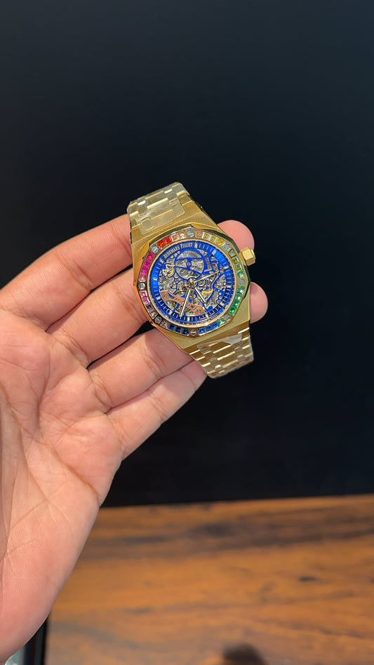 AP Skeleton | Gold Chain | Rainbow Diamond Bezel | Blue Dial