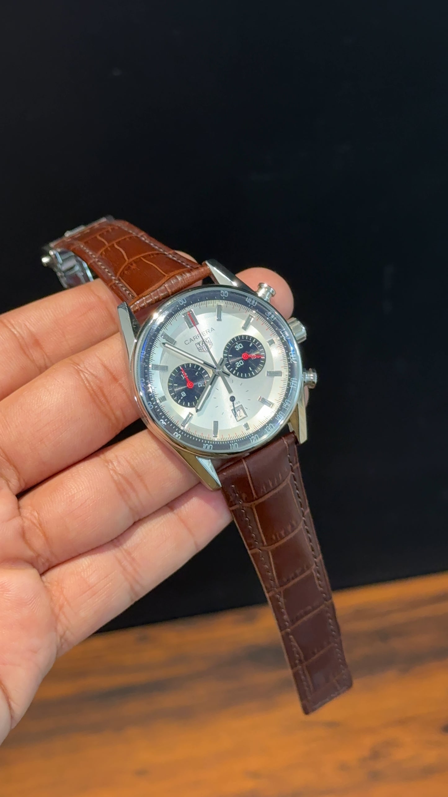 Tag Carrera | Brown Strap | Silver Bezel | Black Chrono | White Dial